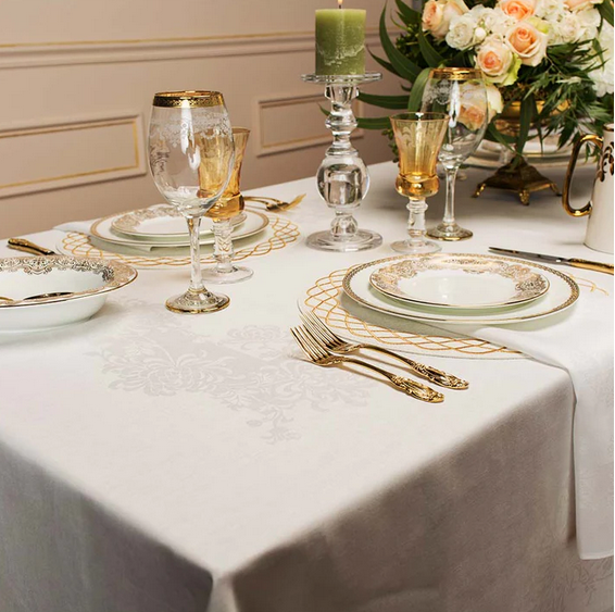 Irish Damask Linen Tablecloth - Chrysanthemum Design (White)