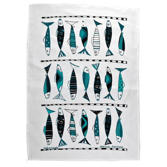 Rain Goose Linen Tea Towel "Vertical Fish" (Blue)