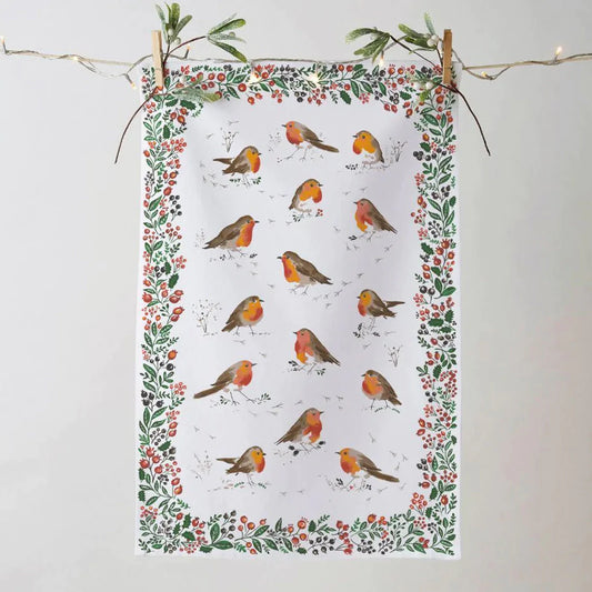 Tea Towel Christmas "Robins & Berries"