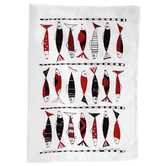 Rain Goose Linen Tea Towel "Vertical Fish" (Red)